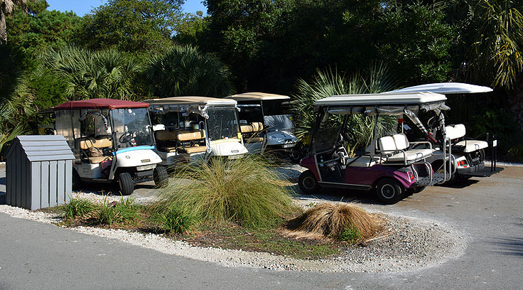 Golf cart parking at Maritime Market on Bald Head Island, NC